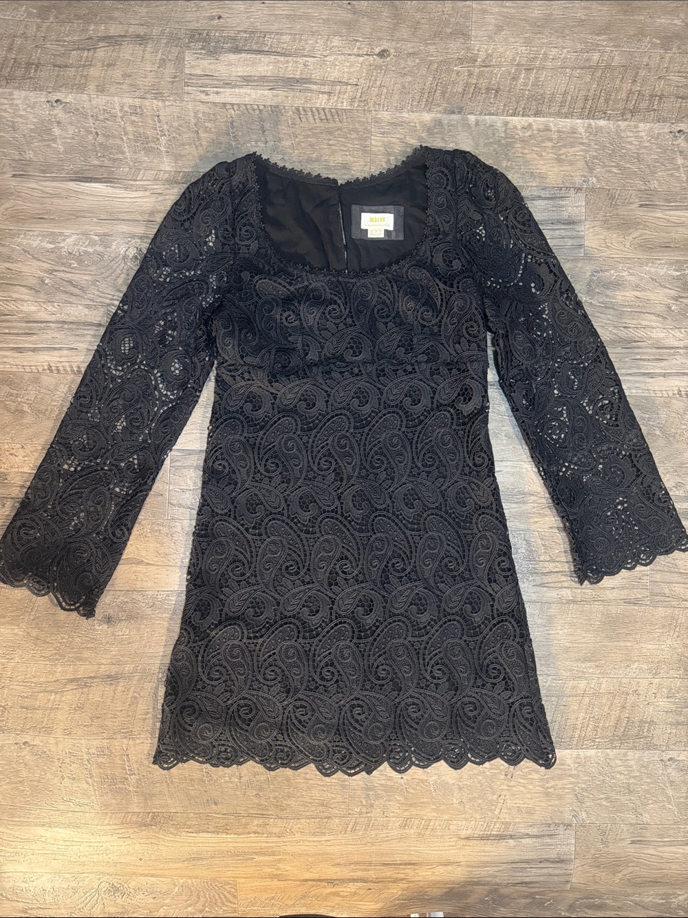 Anthropologie Maeve Black Lace Sheath Dress Long Sleeve Scoop Neck - Size 8